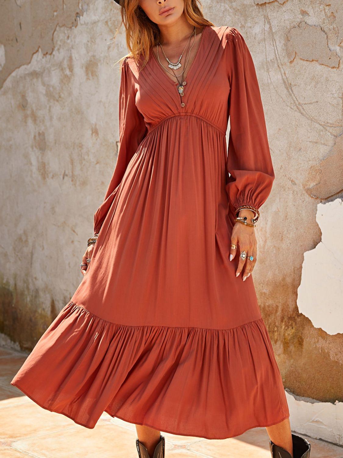 Ruched V-Neck Long Sleeve Midi Dress // Honeypot: New + Vintage High Quality Western Wear