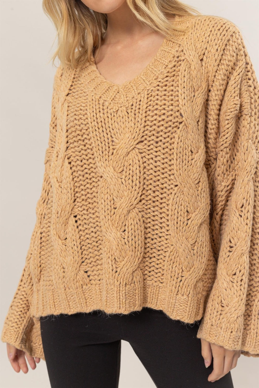 Slouchy Cable Knit V-Neck Sweater