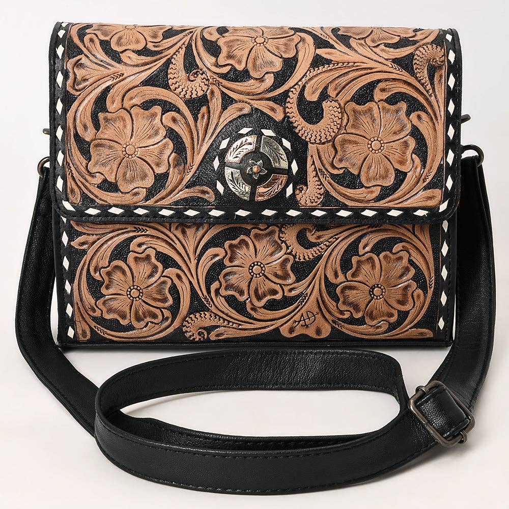 ADBG1494 Mini Black Tooled Leather Crossbody - Western Handmade Bag by American Darling