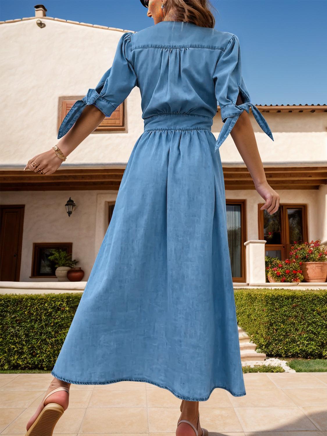 Plunge Button Up Half Sleeve Denim Dress // Honeypot: New + Vintage High Quality Western Wear
