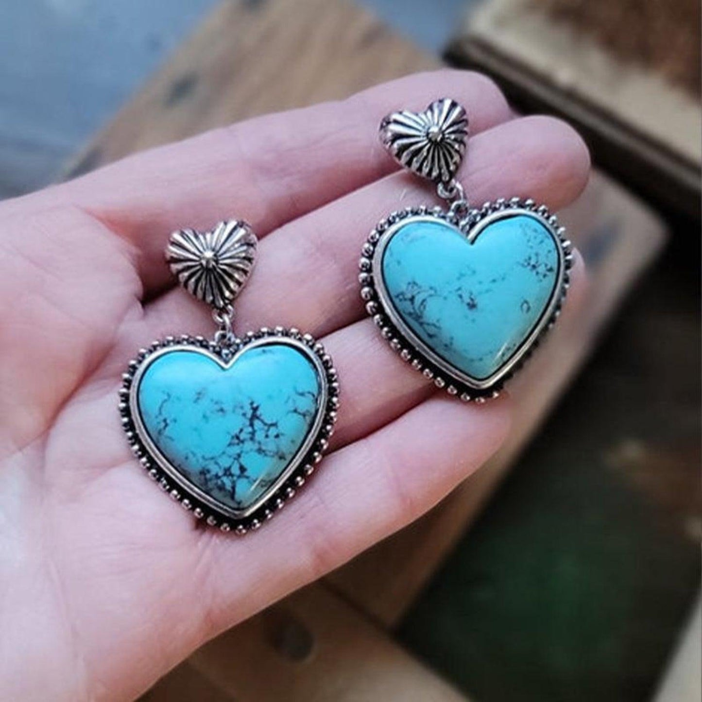 Turquoise Dupe Alloy Heart Dangle Earrings // Honeypot: New + Vintage High Quality Western Wear