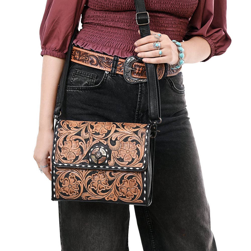 ADBG1494 Mini Black Tooled Leather Crossbody - Western Handmade Bag by American Darling