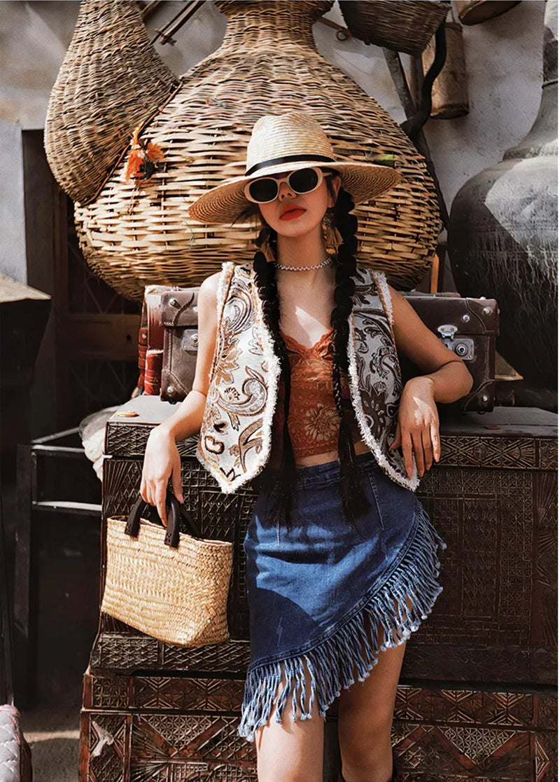 Asymmetric Denim Fringe Skirt
