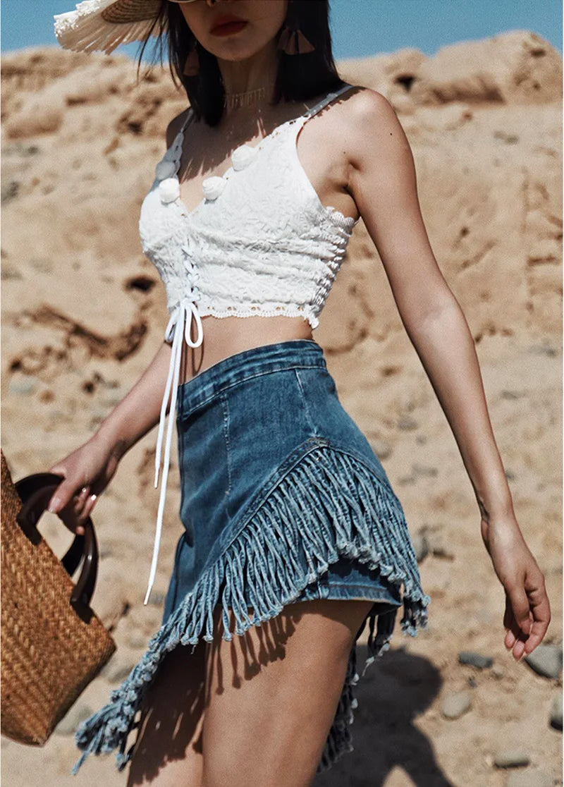 Asymmetric Denim Fringe Skirt Honeypot - Main Image