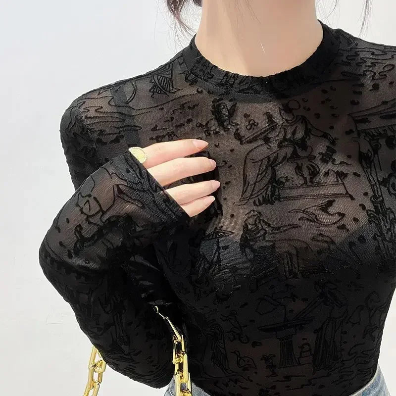 Sheer Mesh Mock Neck Top
