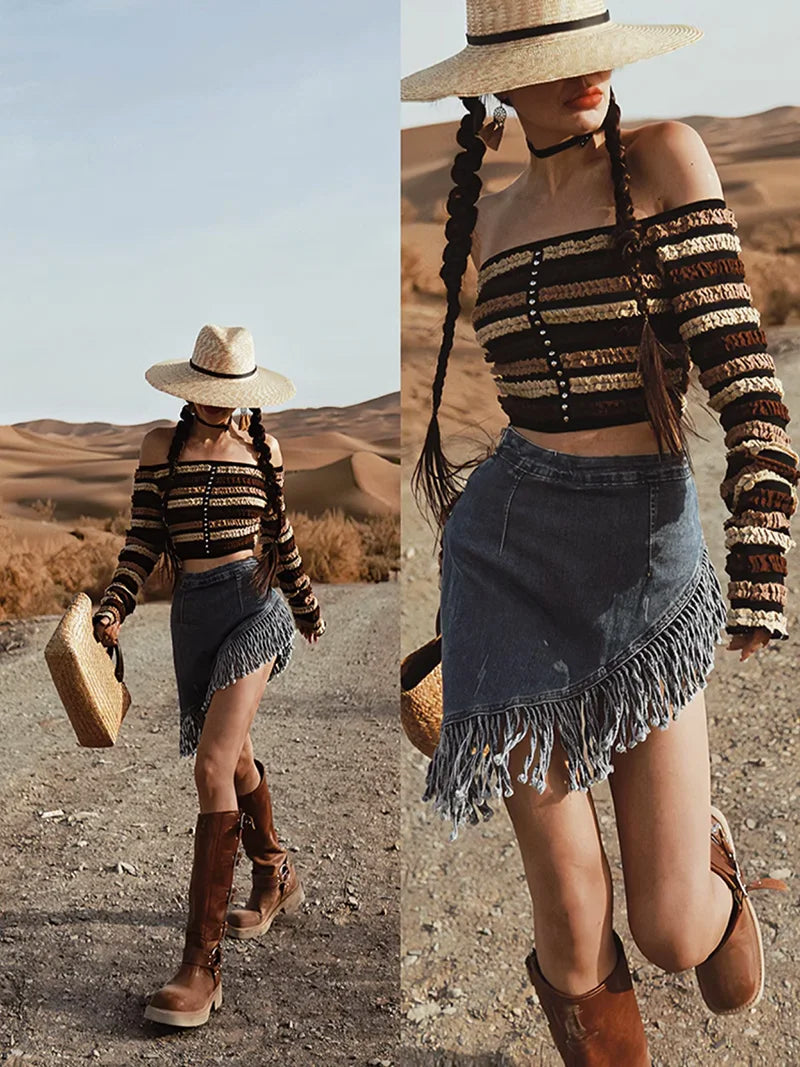 Asymmetric Denim Fringe Skirt