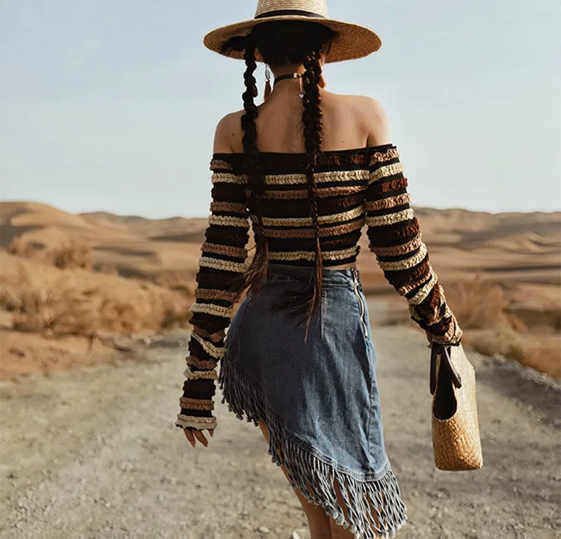 Asymmetric Denim Fringe Skirt