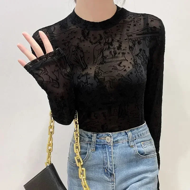 Sheer Mesh Mock Neck Top