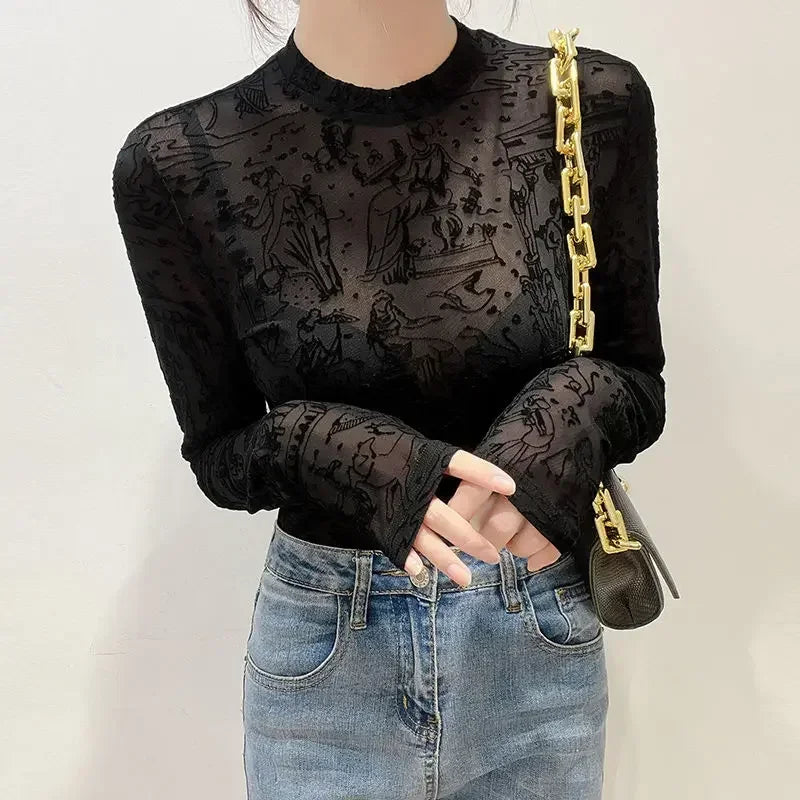 Sheer Mesh Mock Neck Top