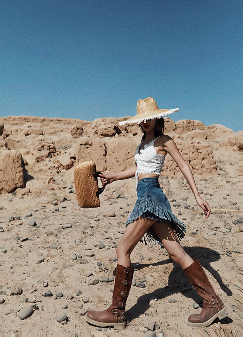 Asymmetric Denim Fringe Skirt
