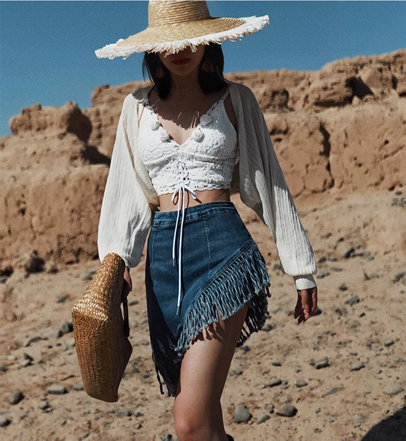 Asymmetric Denim Fringe Skirt