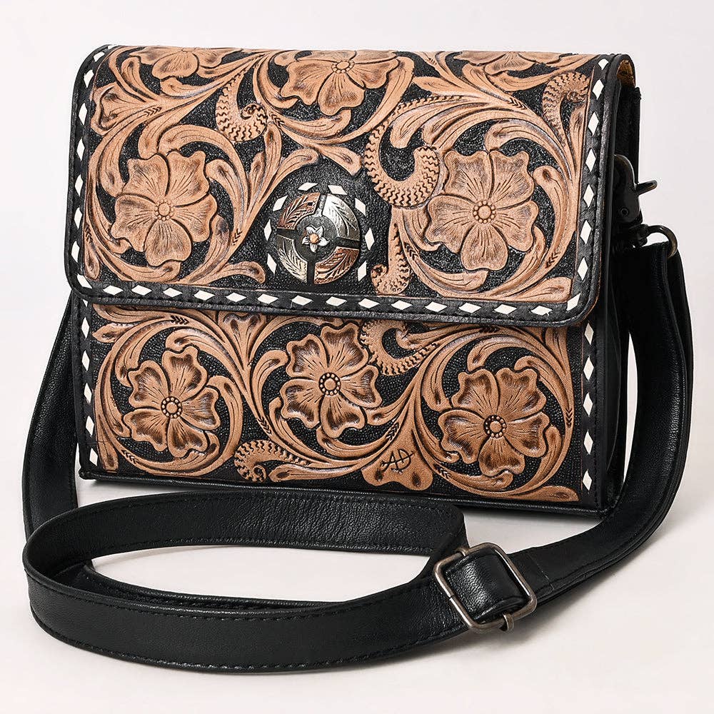 ADBG1494 Mini Black Tooled Leather Crossbody - Western Handmade Bag by American Darling