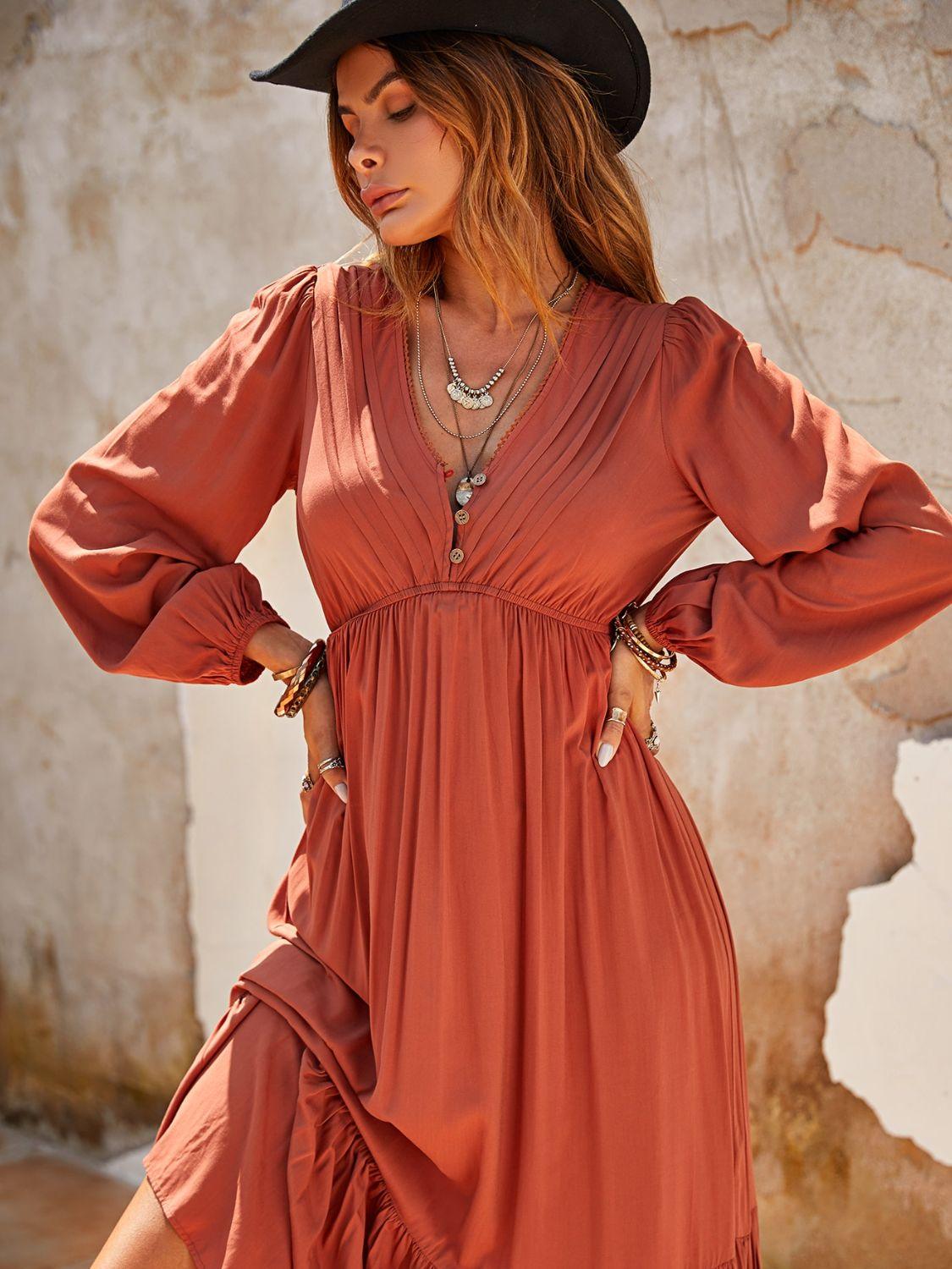 Ruched V-Neck Long Sleeve Midi Dress // Honeypot: New + Vintage High Quality Western Wear