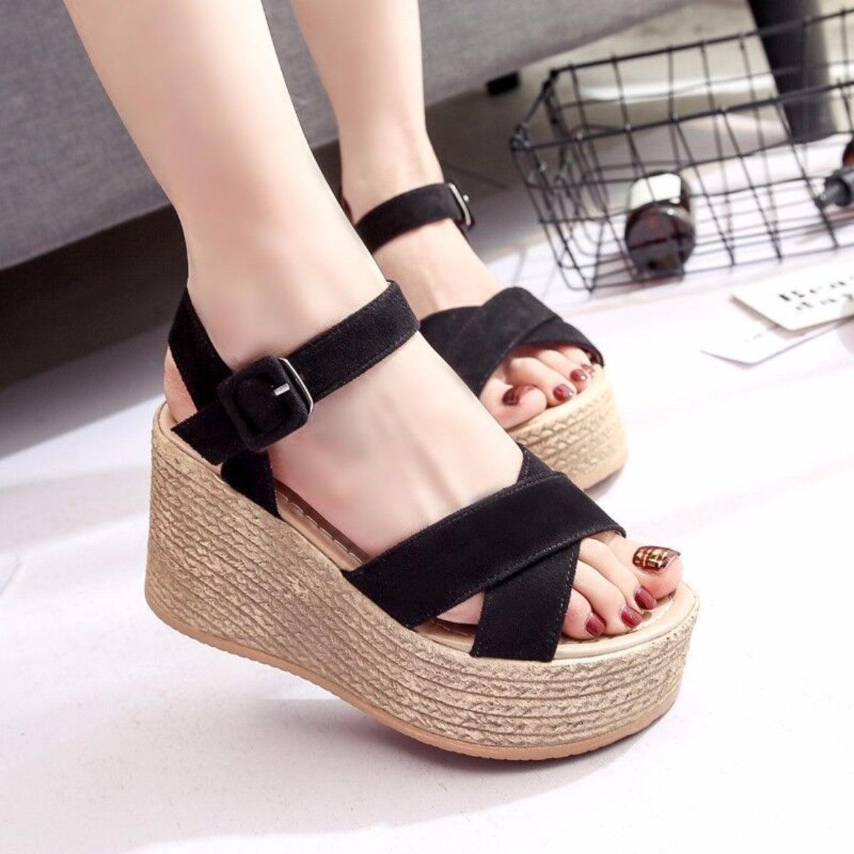 Crisscross Open Toe Wedge Sandals - Honeypot