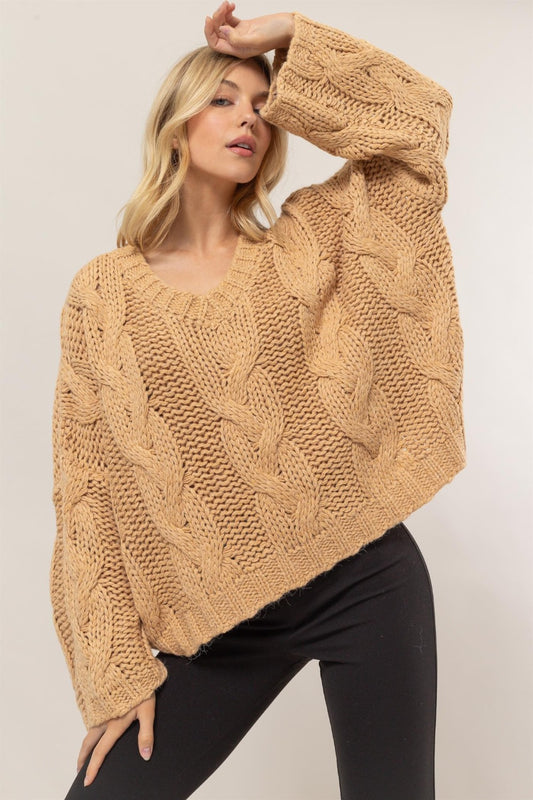 Slouchy Cable Knit V-Neck Sweater