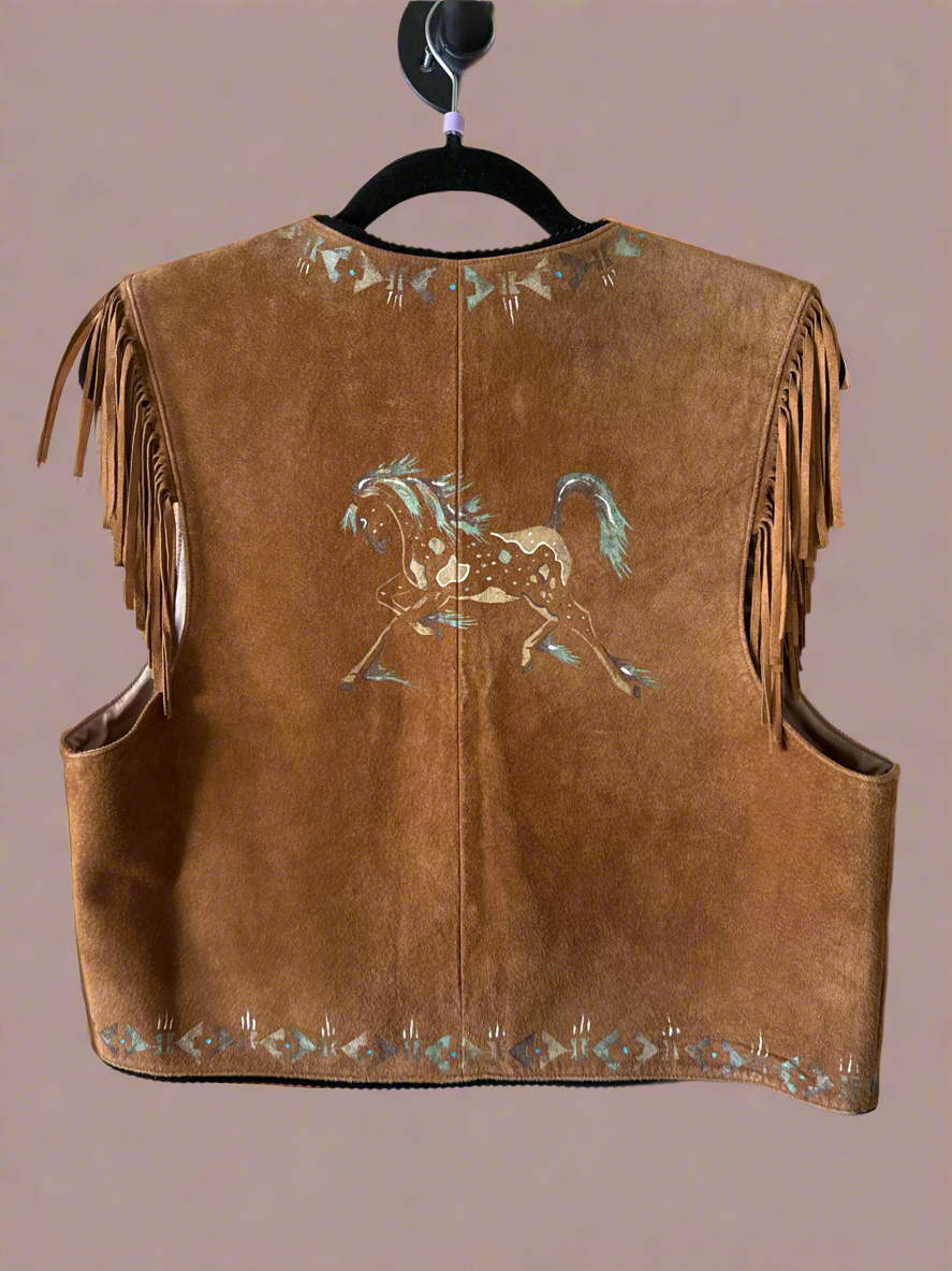 Patricia Wolf Hand Painted Suede Vest, M - Honeypot