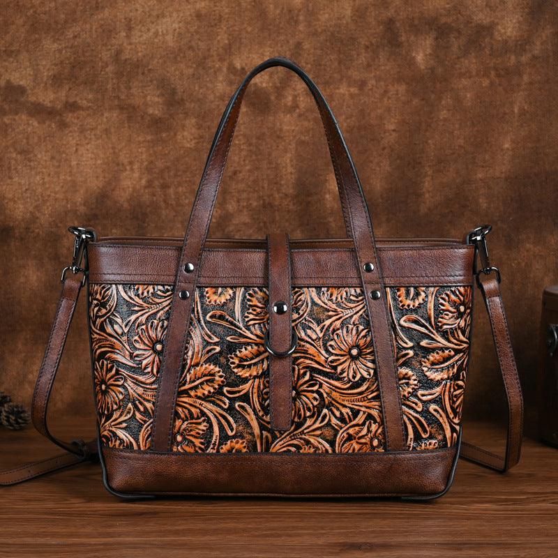 Hand-Tooled Cowhide Carry-All Bag - Honeypot