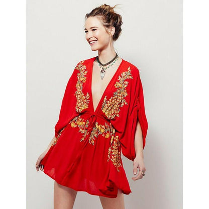 Embroidered Boho V-Neck Dress - Honeypot