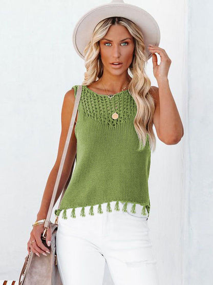 Cutout Tassel Round Neck Tank - Honeypot