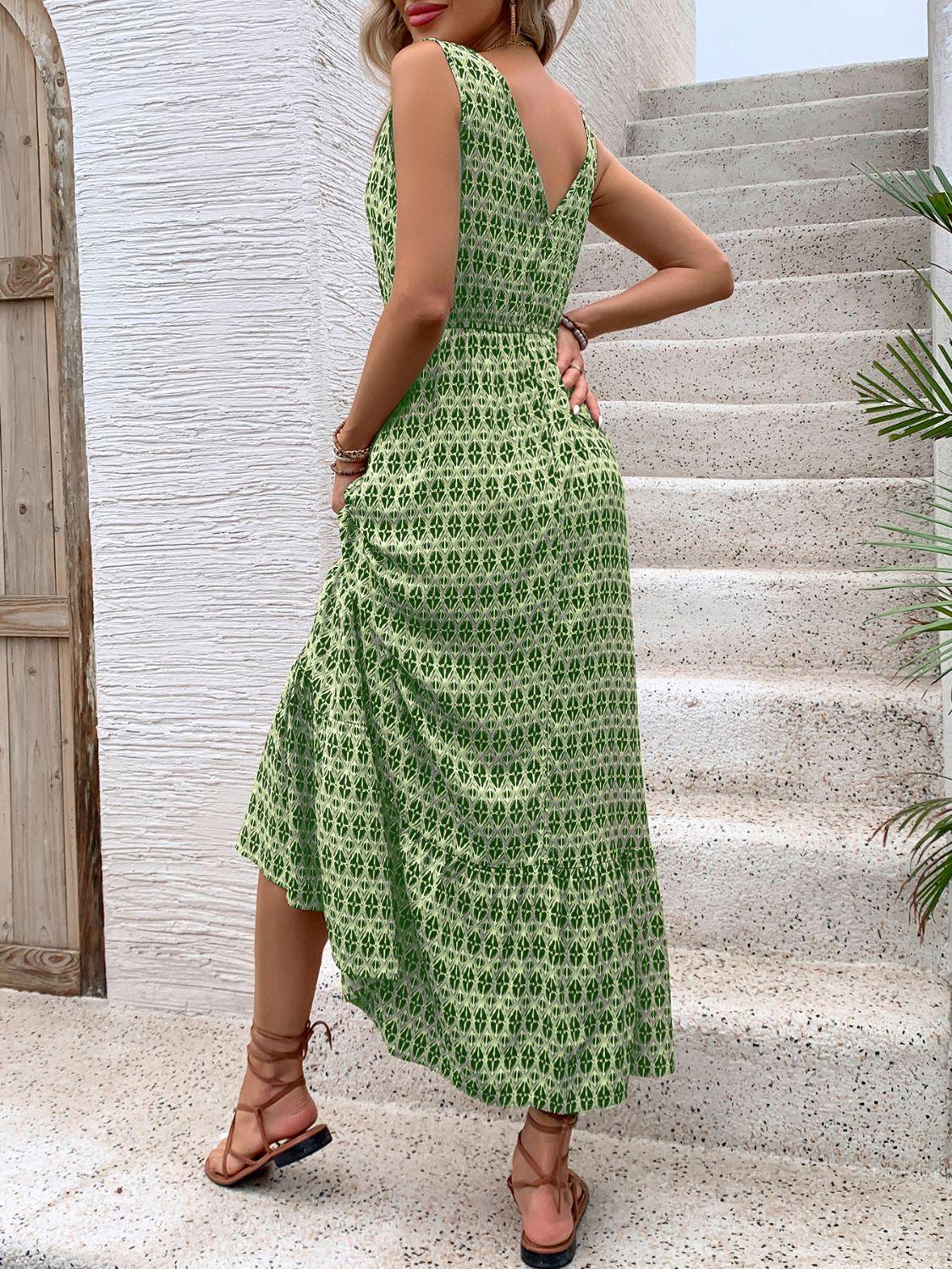 Printed V-Neck Tie Waist Midi Dress - Honeypot