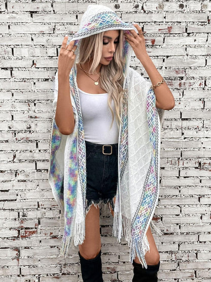 Fringe Half Sleeve Hooded Poncho - Honeypot