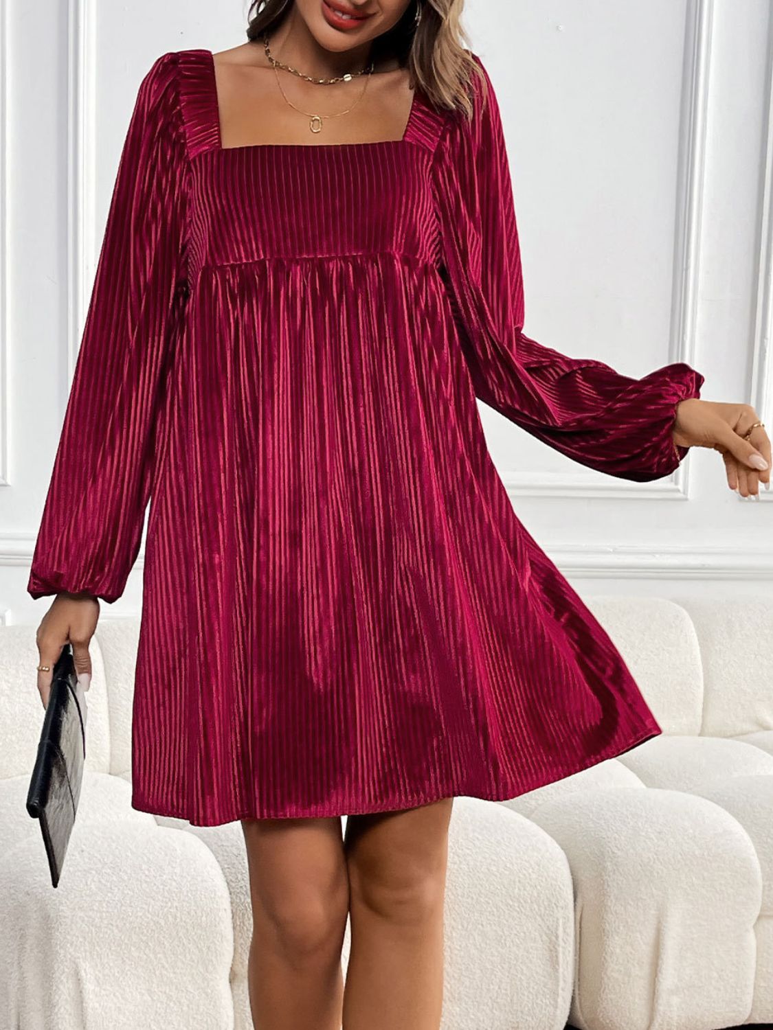 Perfee Tied Pocketed Square Neck Long Sleeve Dress - Honeypot