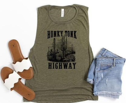 Honky Tonk Highway Print Muscle Tank - Honeypot