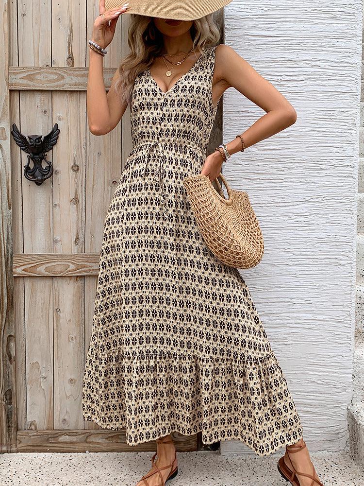 Printed V-Neck Tie Waist Midi Dress - Honeypot