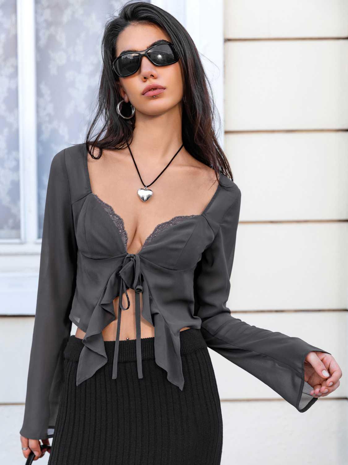 Tie Front Sweetheart Neck Blouses - Honeypot