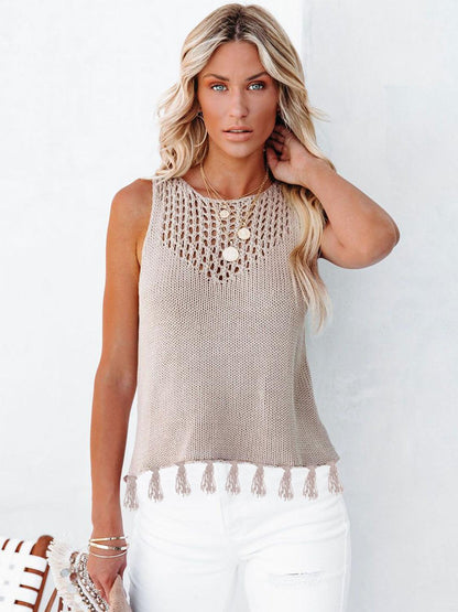 Cutout Tassel Round Neck Tank - Honeypot