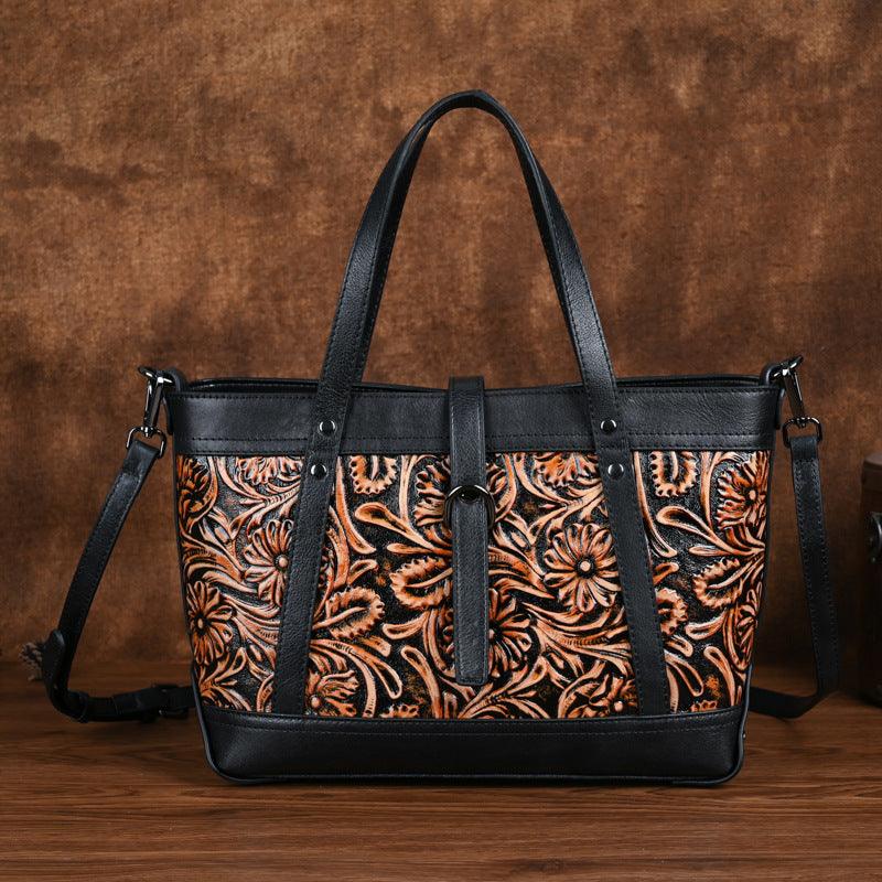 Hand-Tooled Cowhide Carry-All Bag - Honeypot