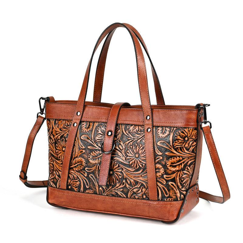 Hand-Tooled Cowhide Carry-All Bag - Honeypot