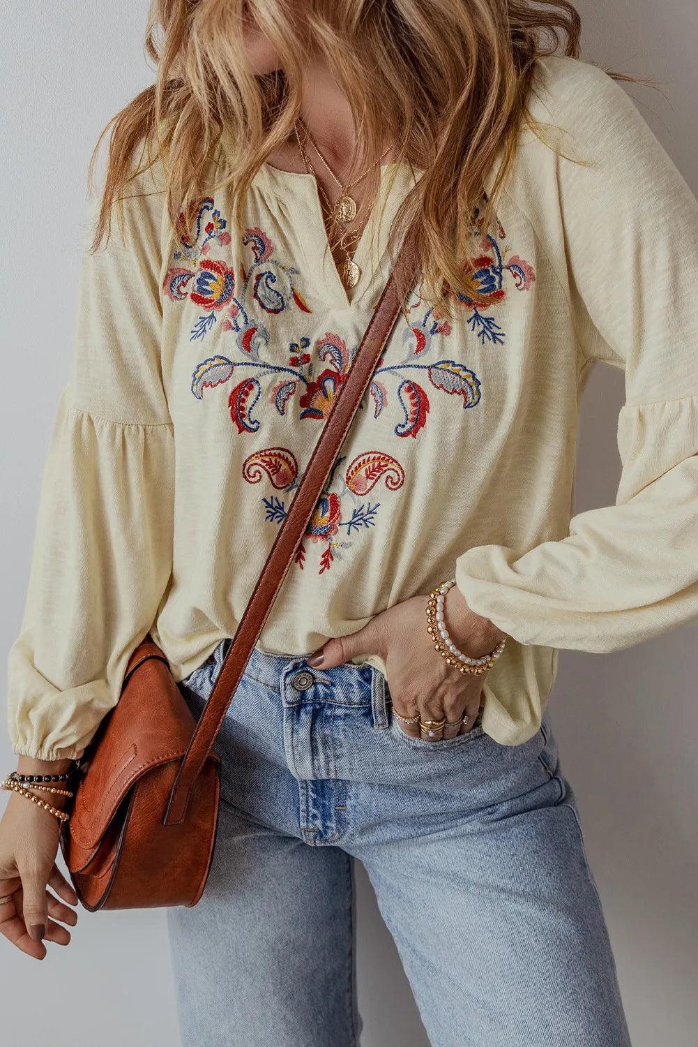 Embroidered Notched Long Sleeve Blouse - Honeypot