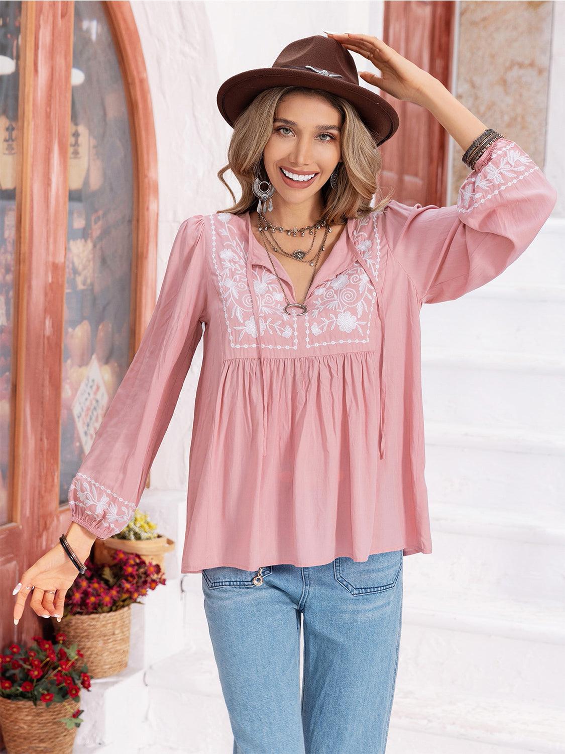 Floral Tie Neck Balloon Sleeve Blouse - Honeypot