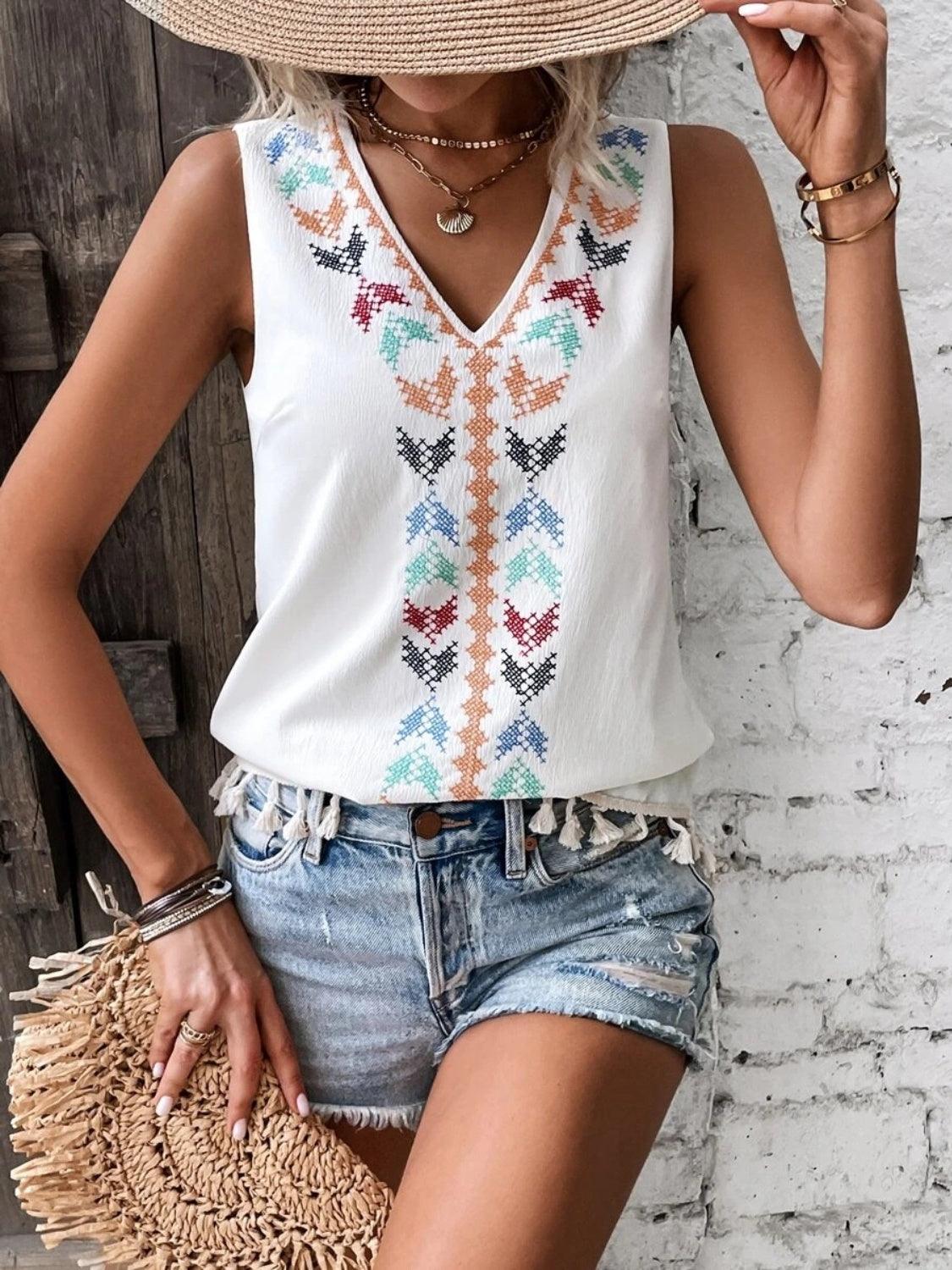 Tassel Printed V-Neck Tank - Honeypot