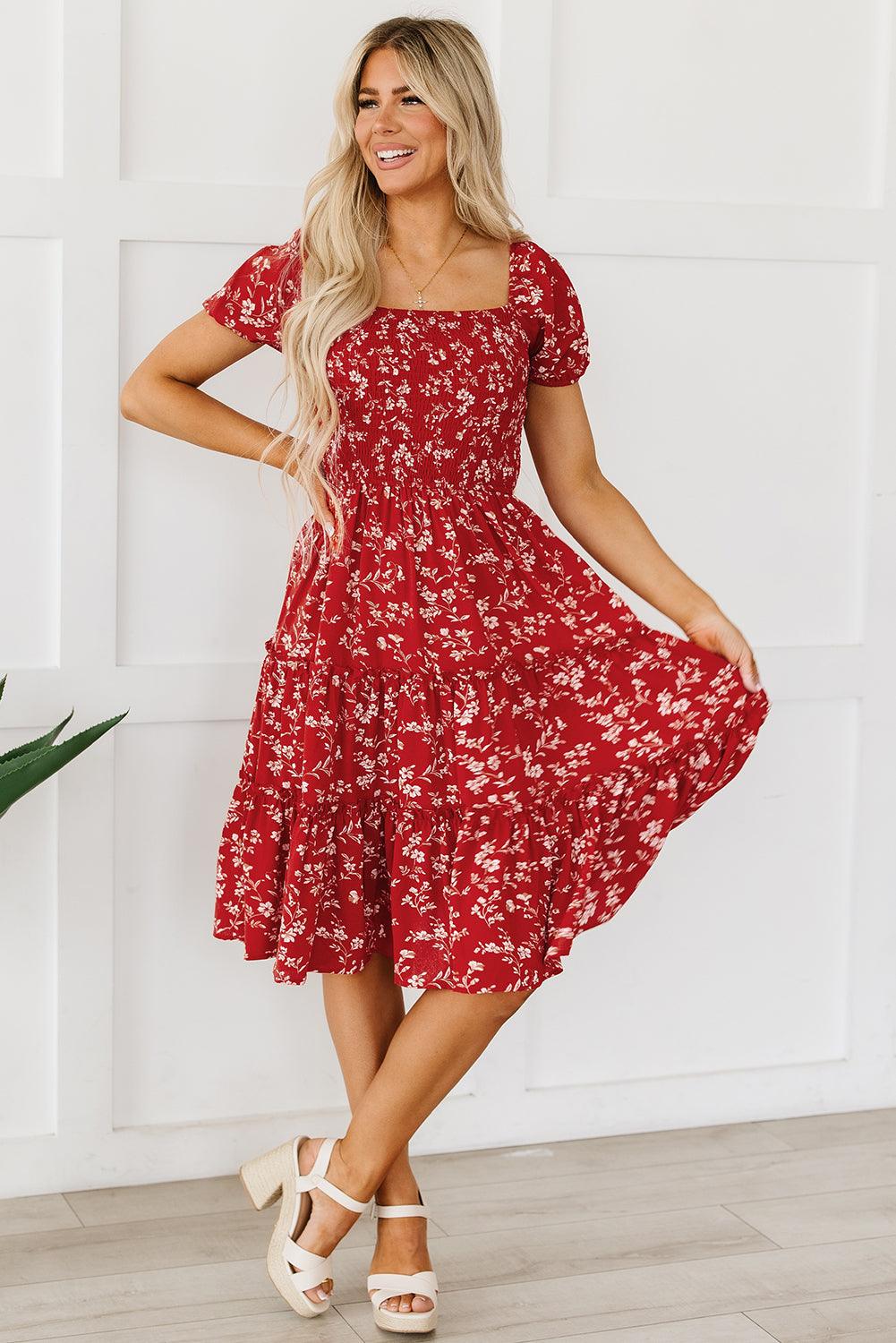 Red Floral Square Neck Midi Dress - Honeypot