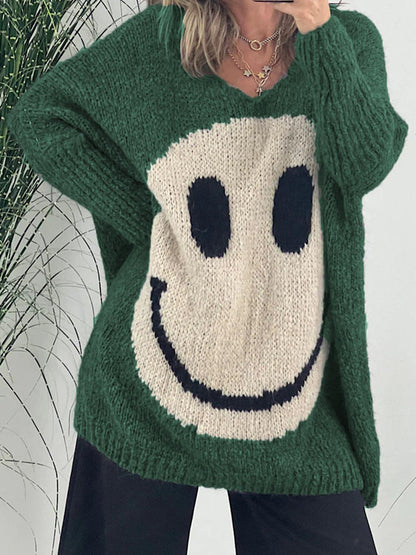 Smiley Face V-Neck Sweater - Honeypot