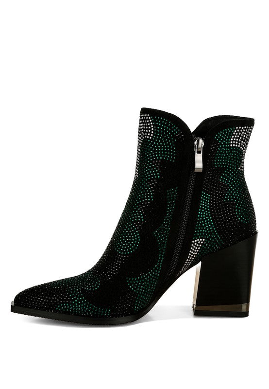 Zarka Rhinestones Embellished Block Heel Boots - Honeypot