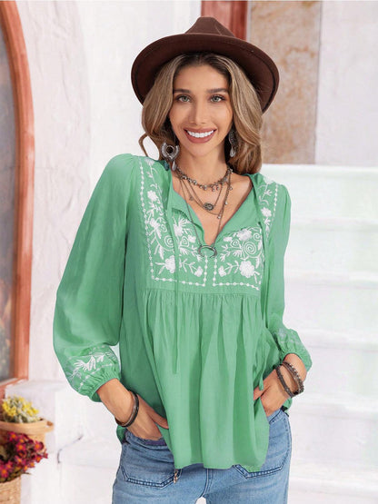 Floral Tie Neck Balloon Sleeve Blouse - Honeypot