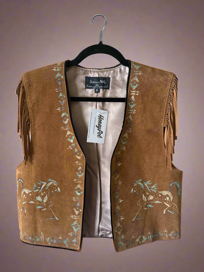 Patricia Wolf Hand Painted Suede Vest, M - Honeypot