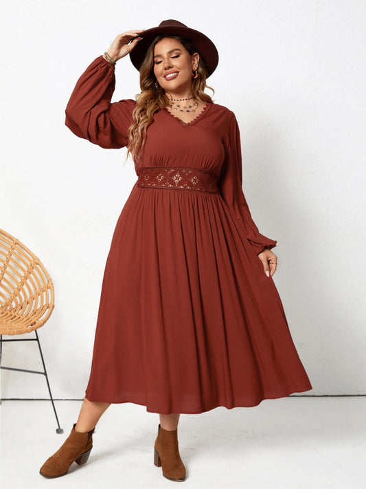 Plus Size Lace Detail V-Neck Balloon Sleeve Dress - Honeypot