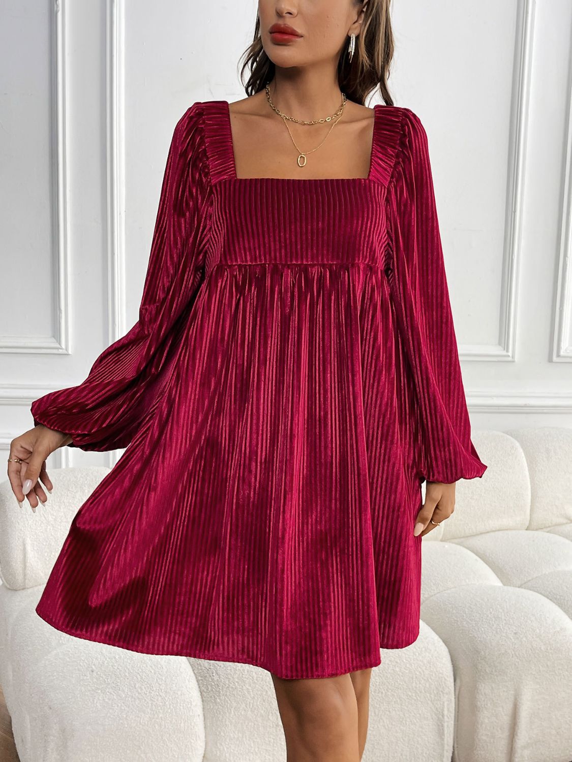 Perfee Tied Pocketed Square Neck Long Sleeve Dress - Honeypot