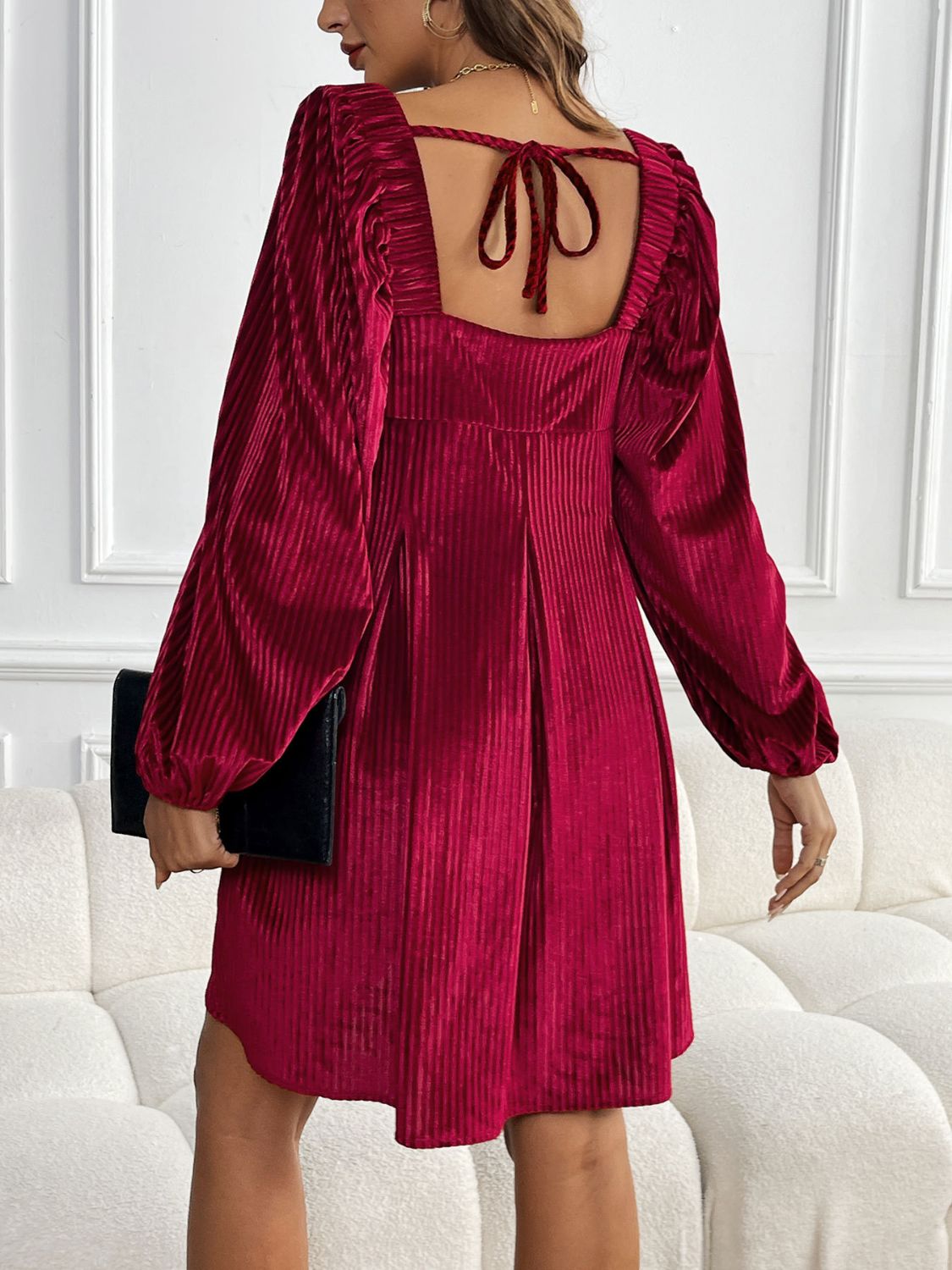 Perfee Tied Pocketed Square Neck Long Sleeve Dress - Honeypot