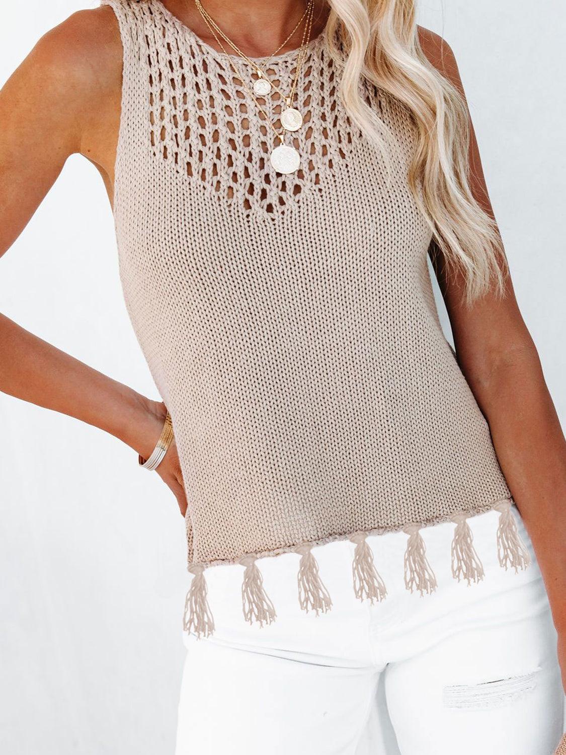 Cutout Tassel Round Neck Tank - Honeypot