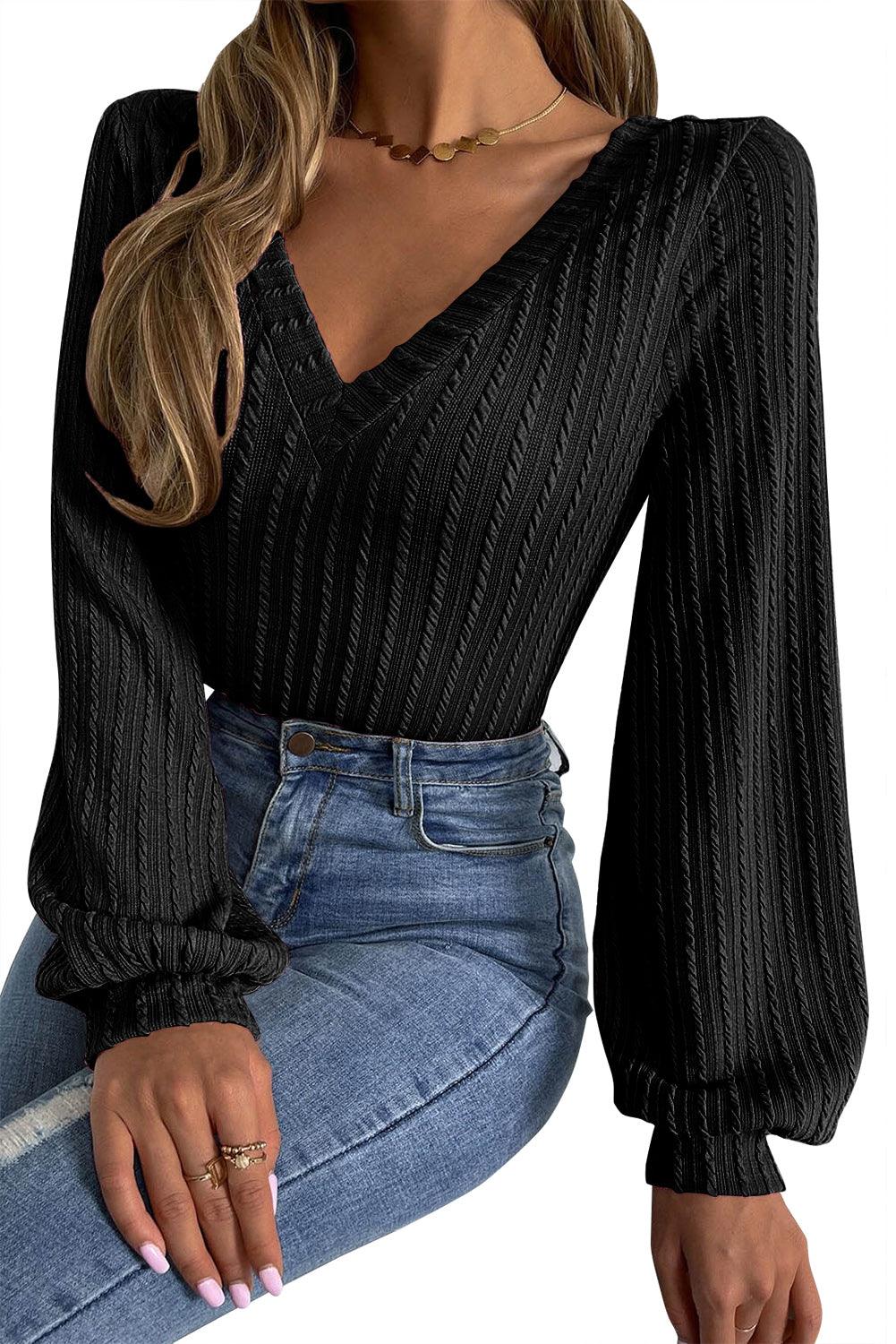 Black V-Neck Lantern Sleeve Top - Honeypot