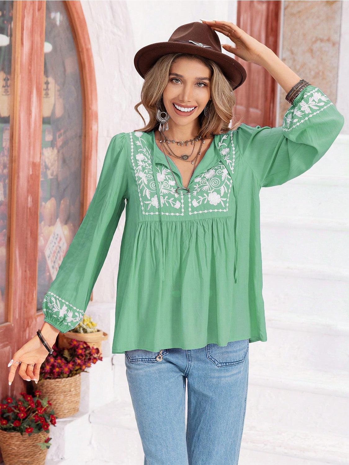 Floral Tie Neck Balloon Sleeve Blouse - Honeypot