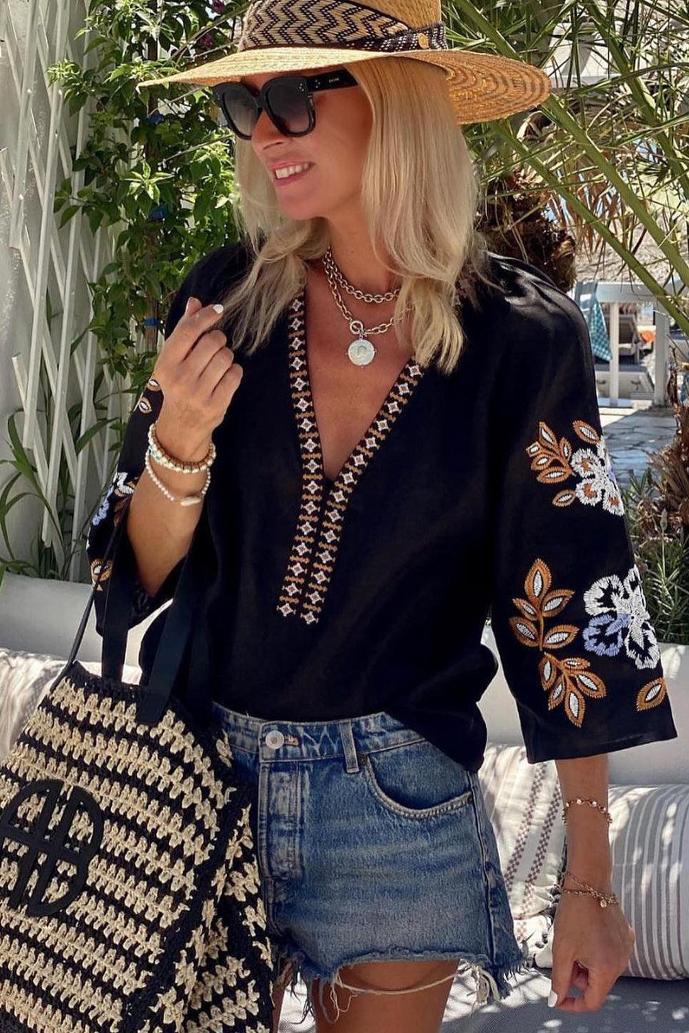 Bohemian Floral Embroidered V-Neck Blouse - Honeypot