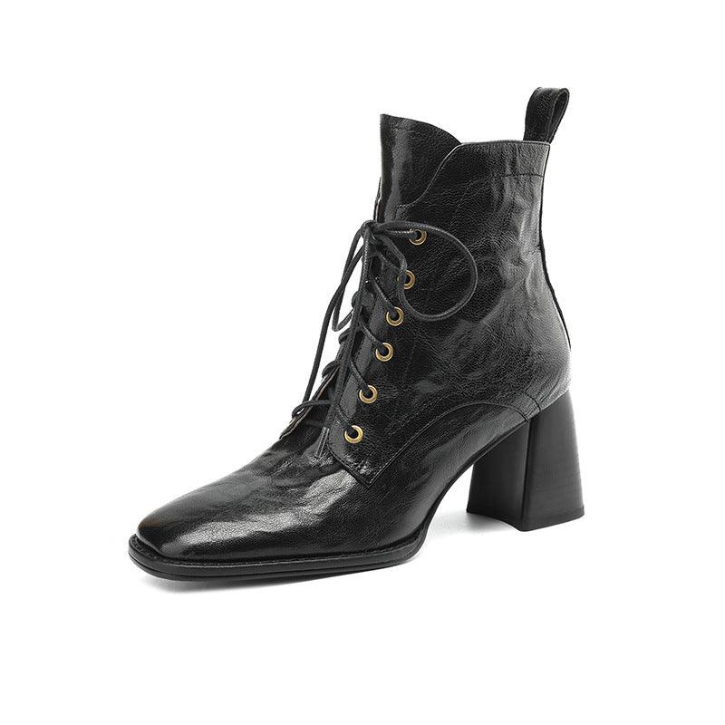 Leather Lace-Up Block Heeled Boots - Honeypot