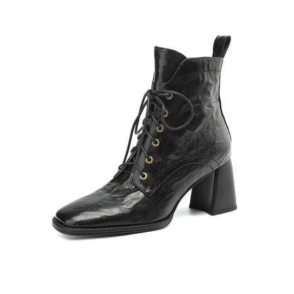 Leather Lace-Up Block Heeled Boots - Honeypot