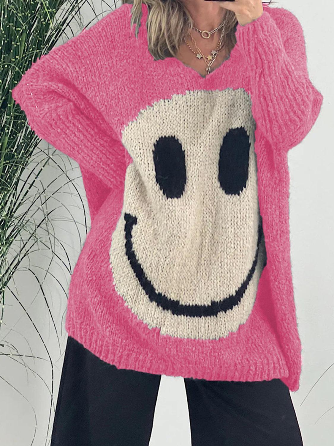 Smiley Face V-Neck Sweater - Honeypot